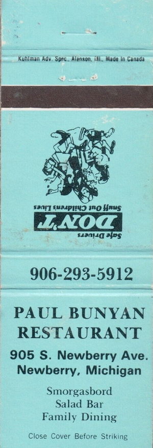 Paul Bunyan Restaurant - Matchbook With Address (newer photo)